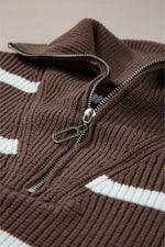 Load image into Gallery viewer, Brown Stripe Zipped Collar Cap Sleeve Knit Top - Fashion Queen - 16