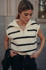 Load image into Gallery viewer, Brown Stripe Zipped Collar Cap Sleeve Knit Top - Fashion Queen - 18