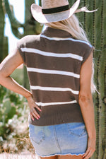 Load image into Gallery viewer, Brown Stripe Zipped Collar Cap Sleeve Knit Top - Fashion Queen - 2