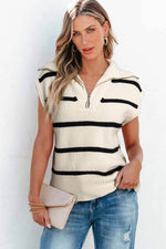 Load image into Gallery viewer, Brown Stripe Zipped Collar Cap Sleeve Knit Top - Fashion Queen - 20