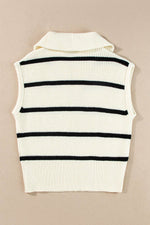 Load image into Gallery viewer, Brown Stripe Zipped Collar Cap Sleeve Knit Top - Fashion Queen - 22