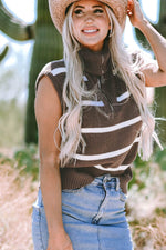 Load image into Gallery viewer, Brown Stripe Zipped Collar Cap Sleeve Knit Top - Fashion Queen - 3