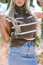 Load image into Gallery viewer, Brown Stripe Zipped Collar Cap Sleeve Knit Top - Fashion Queen - 8