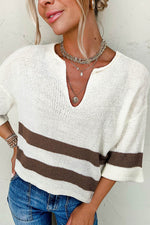 Load image into Gallery viewer, Brown Striped Accent Notched V Neck Cropped Sweater T Shirt - Fashion Queen - 1