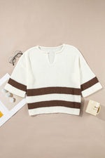 Load image into Gallery viewer, Brown Striped Accent Notched V Neck Cropped Sweater T Shirt - Fashion Queen - 10
