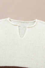 Load image into Gallery viewer, Brown Striped Accent Notched V Neck Cropped Sweater T Shirt - Fashion Queen - 12