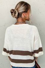 Load image into Gallery viewer, Brown Striped Accent Notched V Neck Cropped Sweater T Shirt - Fashion Queen - 2