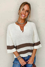 Load image into Gallery viewer, Brown Striped Accent Notched V Neck Cropped Sweater T Shirt - Fashion Queen - 3