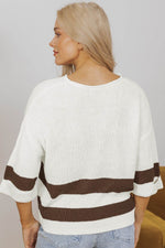Load image into Gallery viewer, Brown Striped Accent Notched V Neck Cropped Sweater T Shirt - Fashion Queen - 4