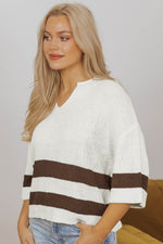 Load image into Gallery viewer, Brown Striped Accent Notched V Neck Cropped Sweater T Shirt - Fashion Queen - 5