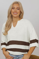 Load image into Gallery viewer, Brown Striped Accent Notched V Neck Cropped Sweater T Shirt - Fashion Queen - 6