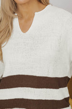 Load image into Gallery viewer, Brown Striped Accent Notched V Neck Cropped Sweater T Shirt - Fashion Queen - 9