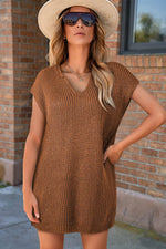 Load image into Gallery viewer, Camel Solid Color Short Sleeve Notched V Neck Sweater Dress - Fashion Queen - 1