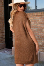 Load image into Gallery viewer, Camel Solid Color Short Sleeve Notched V Neck Sweater Dress - Fashion Queen - 2