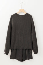 Load image into Gallery viewer, Carbon Grey Corded Knit Long Sleeve Top and High Waist Shorts Set - Fashion Queen - 16