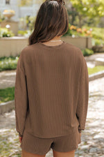 Load image into Gallery viewer, Carbon Grey Corded Knit Long Sleeve Top and High Waist Shorts Set - Fashion Queen - 5