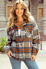 Load image into Gallery viewer, Cinnamon Plaid Print Chest Pockets Turn Down Collar Shacket - Fashion Queen - 5