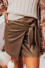 Load image into Gallery viewer, Coffee Bowknot Faux Leather Mini Skirt - Fashion Queen - 1