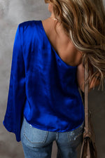 Load image into Gallery viewer, Dark Blue Asymmetric One Shoulder Bell Sleeve Satin Blouse - Fashion Queen - 2