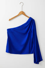 Load image into Gallery viewer, Dark Blue Asymmetric One Shoulder Bell Sleeve Satin Blouse - Fashion Queen - 5