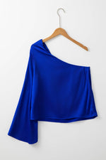 Load image into Gallery viewer, Dark Blue Asymmetric One Shoulder Bell Sleeve Satin Blouse - Fashion Queen - 6
