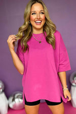 Load image into Gallery viewer, Dark Blue Longline Short Sleeve Side Slit Drop Shoulder Top - Fashion Queen - 15