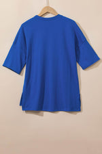 Load image into Gallery viewer, Dark Blue Longline Short Sleeve Side Slit Drop Shoulder Top - Fashion Queen - 3