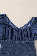 Load image into Gallery viewer, Dark Blue Smocked Ruffled Puff Sleeve V Neck Denim Blouse - Fashion Queen - 10