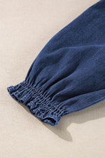 Load image into Gallery viewer, Dark Blue Smocked Ruffled Puff Sleeve V Neck Denim Blouse - Fashion Queen - 11