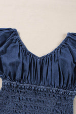 Load image into Gallery viewer, Dark Blue Smocked Ruffled Puff Sleeve V Neck Denim Blouse - Fashion Queen - 13