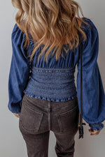 Load image into Gallery viewer, Dark Blue Smocked Ruffled Puff Sleeve V Neck Denim Blouse - Fashion Queen - 2