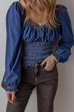 Load image into Gallery viewer, Dark Blue Smocked Ruffled Puff Sleeve V Neck Denim Blouse - Fashion Queen - 3