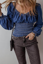 Load image into Gallery viewer, Dark Blue Smocked Ruffled Puff Sleeve V Neck Denim Blouse - Fashion Queen - 4