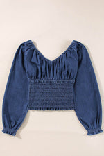 Load image into Gallery viewer, Dark Blue Smocked Ruffled Puff Sleeve V Neck Denim Blouse - Fashion Queen - 7