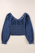 Load image into Gallery viewer, Dark Blue Smocked Ruffled Puff Sleeve V Neck Denim Blouse - Fashion Queen - 8