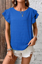 Load image into Gallery viewer, Dark Blue Textured Ruffled Sleeve Round Neck Top - Fashion Queen - 3