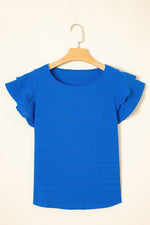 Load image into Gallery viewer, Dark Blue Textured Ruffled Sleeve Round Neck Top - Fashion Queen - 4