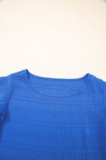 Load image into Gallery viewer, Dark Blue Textured Ruffled Sleeve Round Neck Top - Fashion Queen - 6