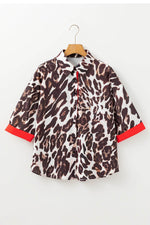 Load image into Gallery viewer, Dark Brown Contrast Trim Patchwork Leopard Print Half Sleeve Shirt - Fashion Queen - 5