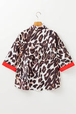 Load image into Gallery viewer, Dark Brown Contrast Trim Patchwork Leopard Print Half Sleeve Shirt - Fashion Queen - 6