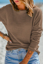 Load image into Gallery viewer, Dark Brown Waffle Knit Drop Shoulder Long Sleeve Top - Fashion Queen - 10