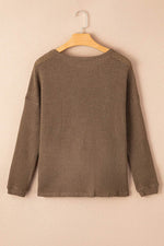 Load image into Gallery viewer, Dark Brown Waffle Knit Drop Shoulder Long Sleeve Top - Fashion Queen - 12