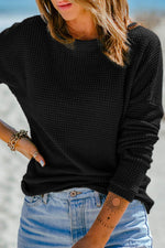 Load image into Gallery viewer, Dark Brown Waffle Knit Drop Shoulder Long Sleeve Top - Fashion Queen - 25