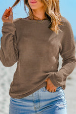 Load image into Gallery viewer, Dark Brown Waffle Knit Drop Shoulder Long Sleeve Top - Fashion Queen - 3