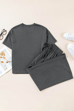 Load image into Gallery viewer, Dark Grey Drawstring Side Crewneck Tee and Loose Pants Set - Fashion Queen - 12