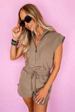 Load image into Gallery viewer, Dark Khaki Textured Short Sleeve Half Zip Drawstring Waist Romper - Fashion Queen - 11