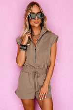 Load image into Gallery viewer, Dark Khaki Textured Short Sleeve Half Zip Drawstring Waist Romper - Fashion Queen - 12