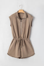 Load image into Gallery viewer, Dark Khaki Textured Short Sleeve Half Zip Drawstring Waist Romper - Fashion Queen - 13
