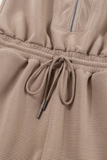 Load image into Gallery viewer, Dark Khaki Textured Short Sleeve Half Zip Drawstring Waist Romper - Fashion Queen - 19