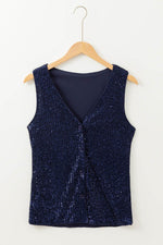 Load image into Gallery viewer, Dirty blue Sequined Deep V Neck Buttoned Tank Top - Fashion Queen - 7